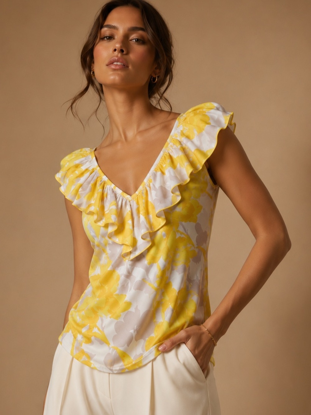 Yellow Floral Ruffle Blouse XS Romantic Cottagecore Summer Vacation Top